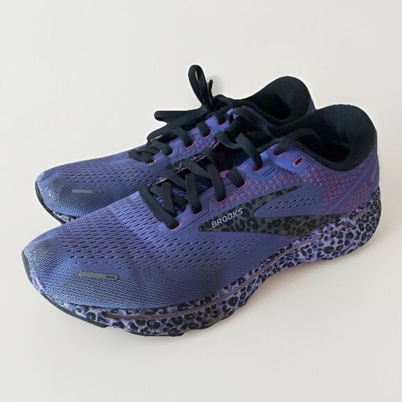 Women's Brooks Ghost 14 Purple Cheetah Running Shoes Sz 10 B Athletic Gym *READ* - Picture 2 of 11
